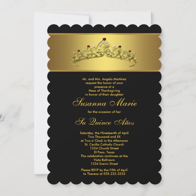 Invitación Quinceanera de oro y negro (Reverso)