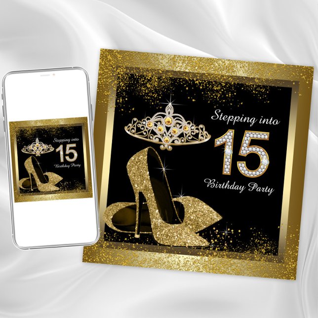 Invitación Quinceanera de oro y negro (Quinceanera or any occasion invitation. Simply delete the 15 and add the text of your choice.)