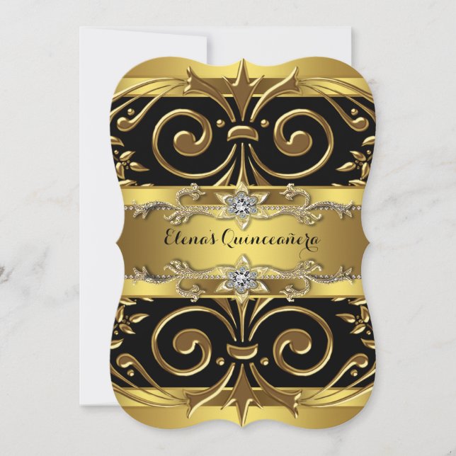Invitación Quinceanera de oro y negro (Anverso)