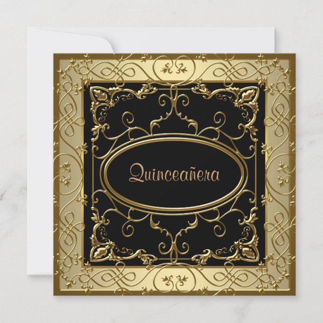 Invitación Quinceanera de oro y negro (Anverso)