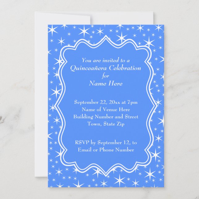 Invitación Quinceanera de patrón de estrella azul y blanco (Anverso)