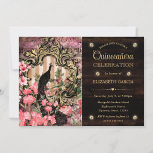 Invitación Quinceañera de Pavo Real y Flores en Acuarela Vint