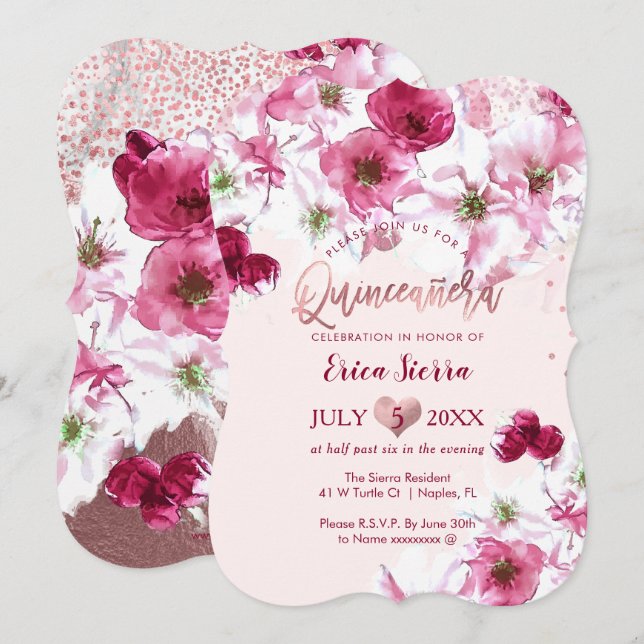 Invitación Quinceañera de PixDezines/flores de cerezo oscuro (Anverso / Reverso)