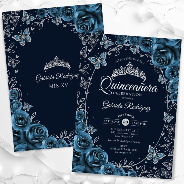 Invitación Quinceanera de plata azul de la marina (Subido por el creador)