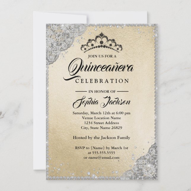 Invitación Quinceanera de plata de oro de encaje de diamante (Anverso)