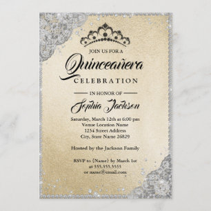 Invitación Quinceanera de plata de oro de encaje de diamante