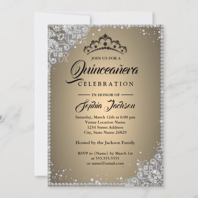 Invitación Quinceanera de plata de oro de encaje de diamante (Anverso)