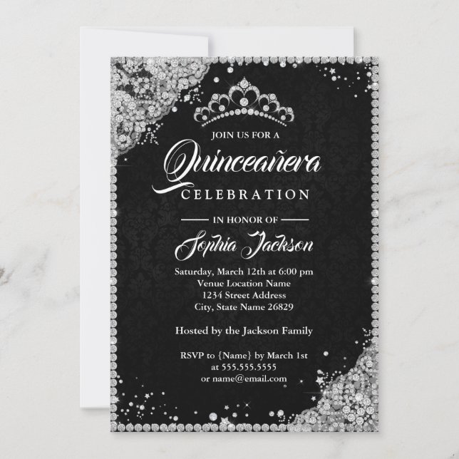 Invitación Quinceanera de plata negra de encaje de diamante (Anverso)
