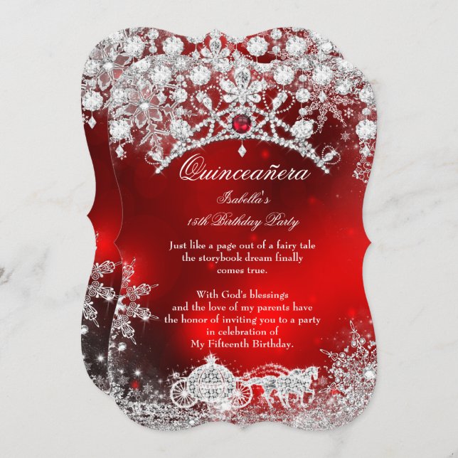 Invitación Quinceanera de plata roja 15.ª Wonderland (Anverso / Reverso)