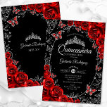 Invitación Quinceanera de plata roja negra<br><div class="desc">Invitación a la celebración de Quinceanera en negro,  rojo y plata. Características,  letra de guión,  mariposas,  rosas de acuarela y tiara. Perfecto para una elegante celebración de glam al estilo de la princesa. Personaliza con tus propios detalles. Invitaciones Zazzle impresas o una plantilla imprimible digital de descarga instantánea.</div>