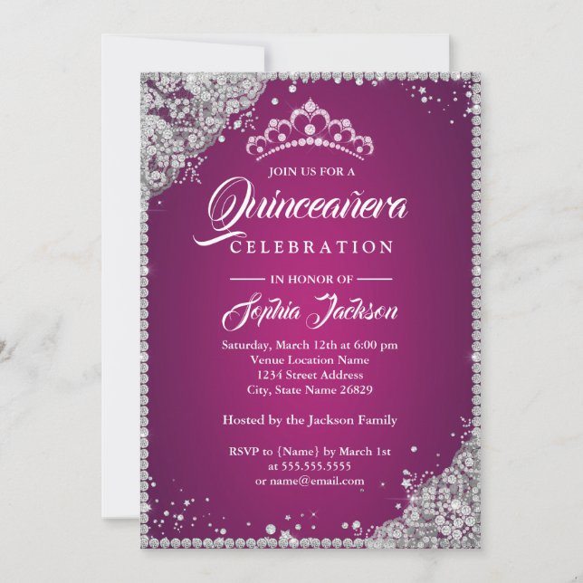 Invitación Quinceanera de plata rosa de encaje de diamante (Anverso)