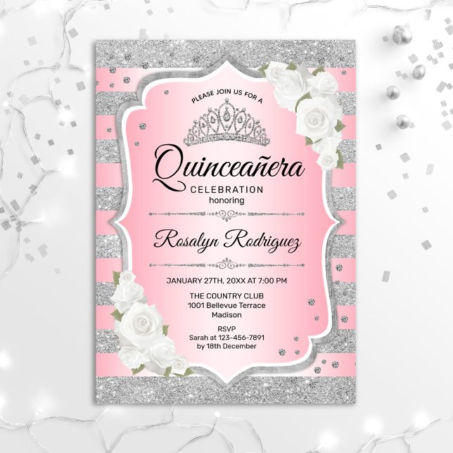 Invitación Quinceanera de plata rosa Rubor (Subido por el creador)