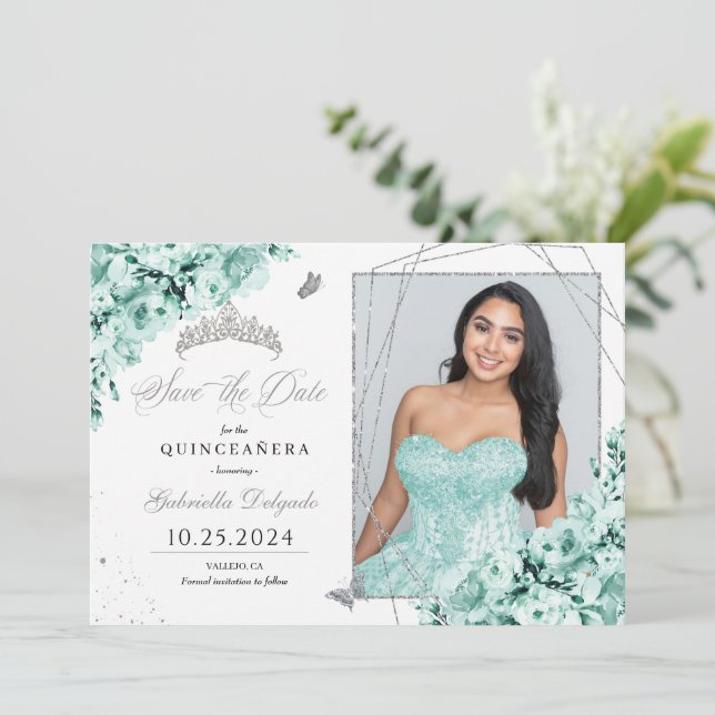Invitación Quinceañera De Plata Verde De Mint Guardar La Foto (Anverso de pie)