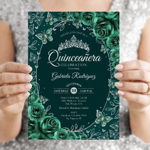 Invitación Quinceanera de plata verde esmeralda