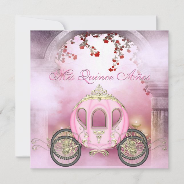 Invitación Quinceanera de princesa Carriage Enchanted rosado (Anverso)