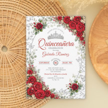 Quinceañera de rojo y plata Rosas rojas