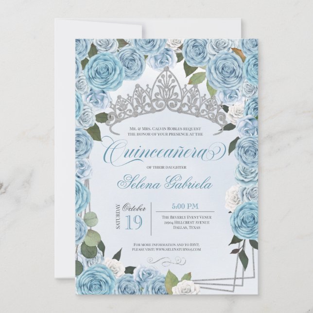 Invitación Quinceanera de rosa azul y blanca de la Princesa d (Anverso)
