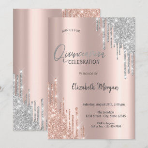 Invitación Quinceañera de Rosa Dorado Plateado con Brillos qu