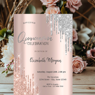 Invitación Quinceañera de Rosa Dorado Plateado con Brillos qu
