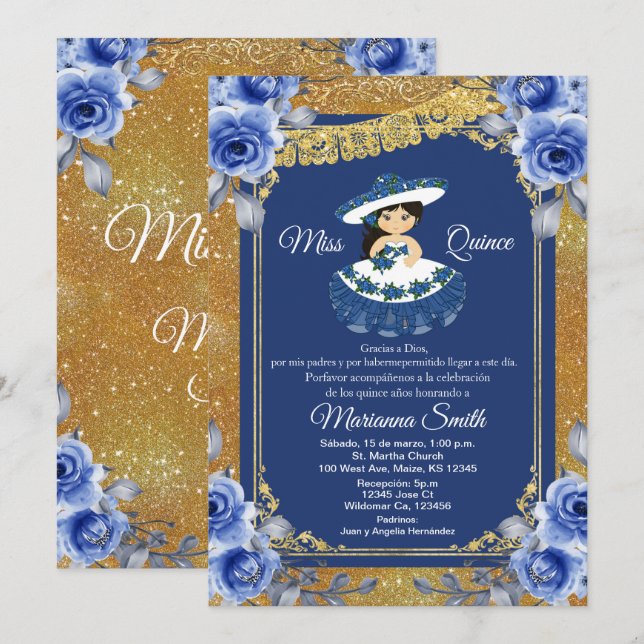 Invitación Quinceañera de rosas azules reales de oro (Anverso / Reverso)