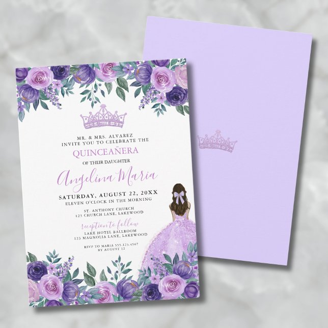 Invitación Quinceañera de Rosas Florales Purpura (Floral Purple Quinceanera Invitation)
