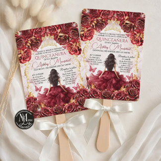 Invitación Quinceañera de Rosas Florales Rojo Borgoña y Dorad