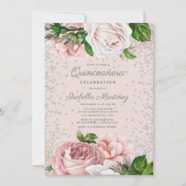 Invitación Quinceañera de rosas florales rosadas con brillo p