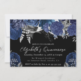 Invitación Quinceañera de rosas plateadas y azul marino acuar