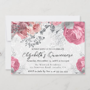 Invitación Quinceañera de rosas púrpura y plata en acuarela