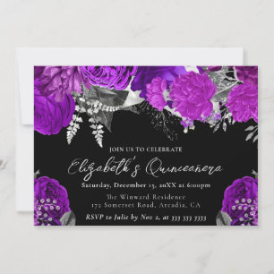 Invitación Quinceañera de rosas púrpura y plata en acuarela