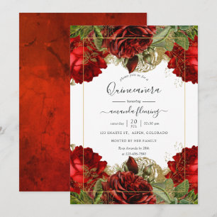 Invitación Quinceañera de Rosas Vintage Rojo Borgoña y Dorado