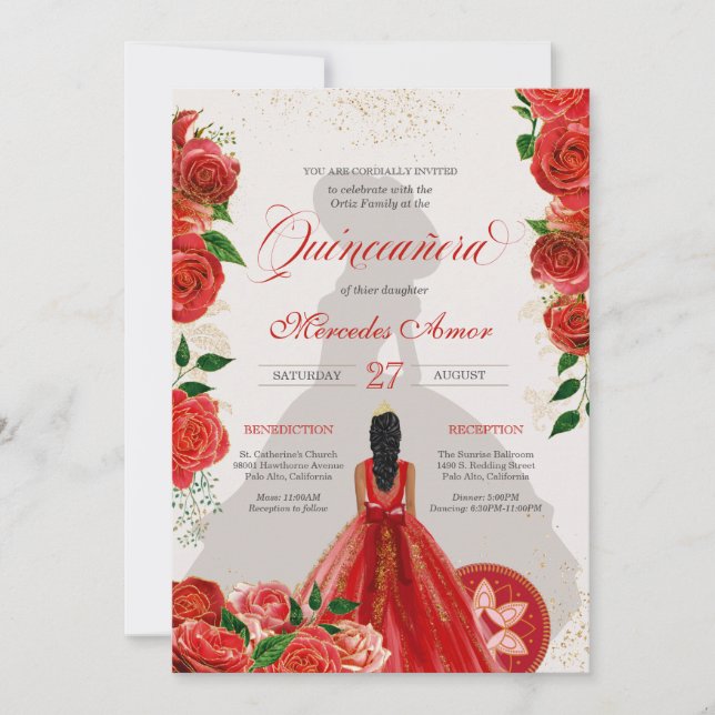 Invitación Quinceanera de Roses Rojas de Charro Fa (Anverso)