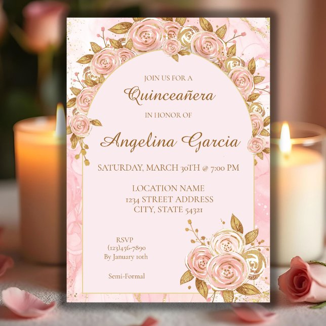 Invitación Quinceanera de Rubor Pink Gold Whimsica (Subido por el creador)