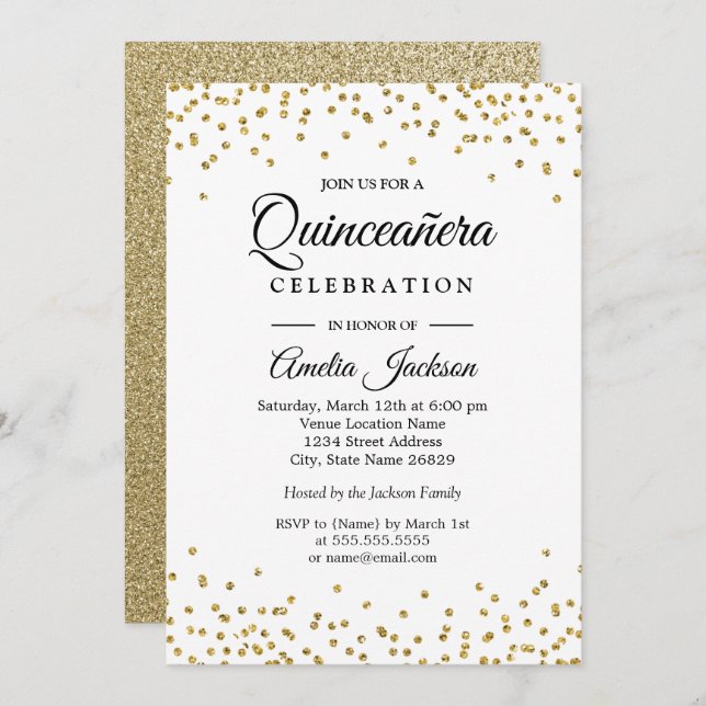 Invitación Quinceanera de Sparkle Gold Confetti (Anverso / Reverso)