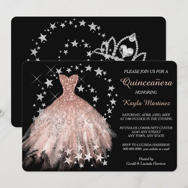 Invitación Quinceanera de Star Shimmer Peach (Anverso / Reverso)