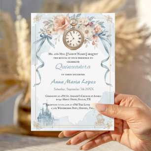 Invitación Quinceañera de tema Cenicienta en acuarela azul cl