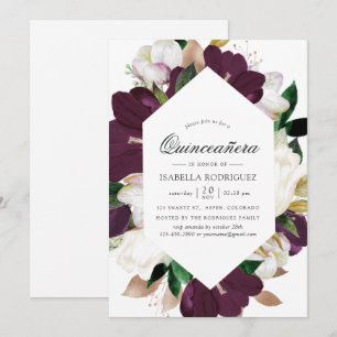 Invitación Quinceañera de terciopelo ciruela oscura y flores