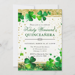 Invitación Quinceañera de Trébol de Aquarela Verde y Dorado