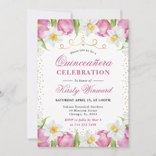 Invitación Quinceañera de Tulipanes Rosados y Narcisos Acuare