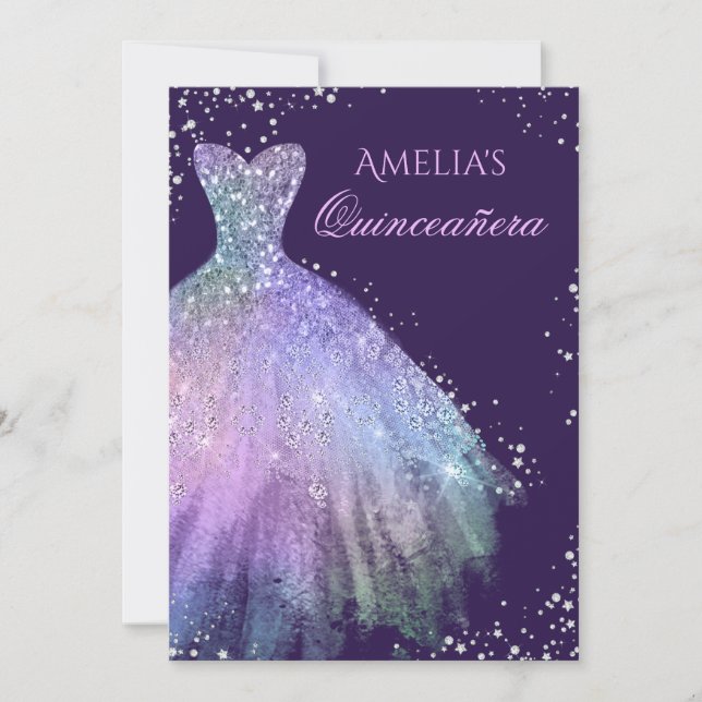 Invitación Quinceañera de vestido brillante arcoír (Anverso)