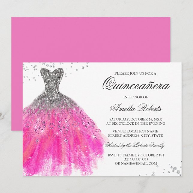 Invitación Quinceanera de Vestido de Espuma Rosa (Anverso / Reverso)