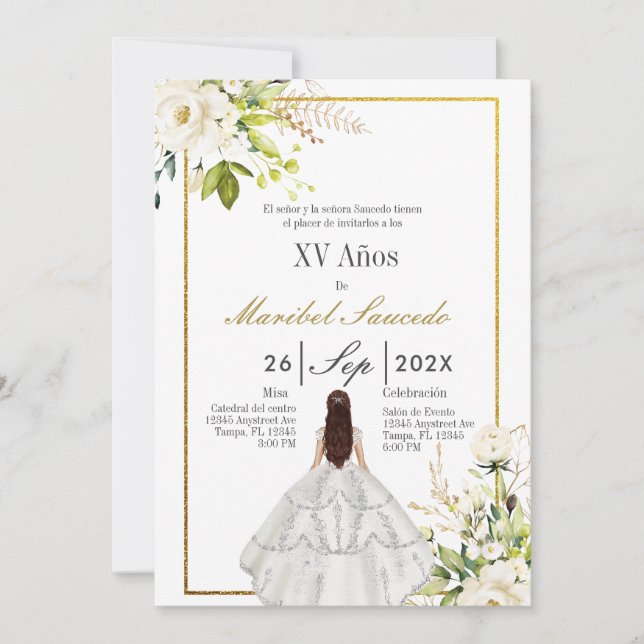 Invitación Quinceañera de vestir blanco (Anverso)