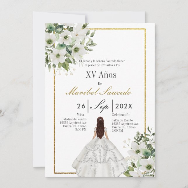 Invitación Quinceañera de vestir blanco (Anverso)