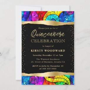 Invitación Quinceañera de vidrio emplomado multicolor y dorad