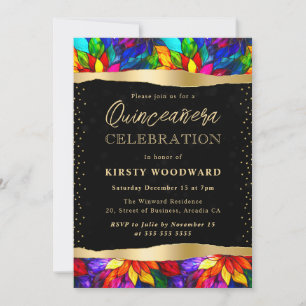 Invitación Quinceañera de vidrio teñido multicolor y dorado