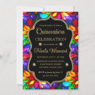 Invitación Quinceañera de Vidrio Teñido Multicolor y Dorado
