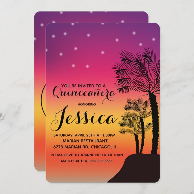 Invitación Quinceañera del Atardecer Tropical con Palma Dulce (Anverso / Reverso)
