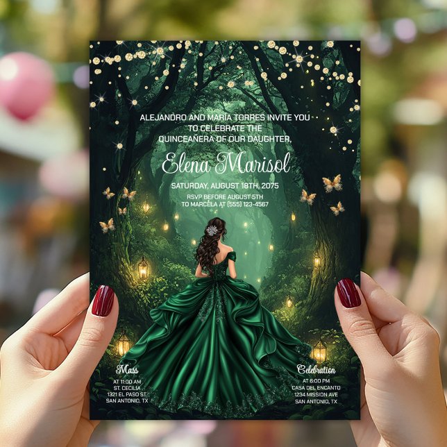 Invitación Quinceañera del Bosque Encantado (Enchanted forest Quinceañera invitation with elegant gown, butterflies, lanterns. Add your details.)