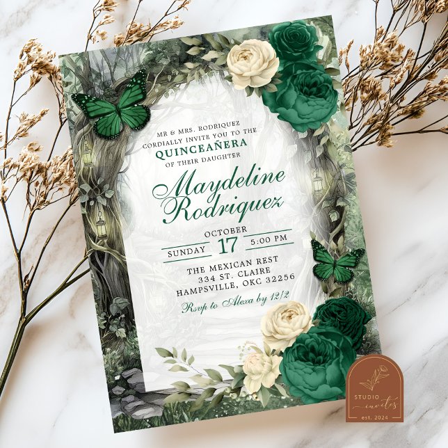 Invitación Quinceanera del bosque suntuoso verde esmeralda (Subido por el creador)