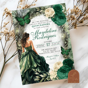 Invitación Quinceanera del bosque suntuoso verde esmeralda